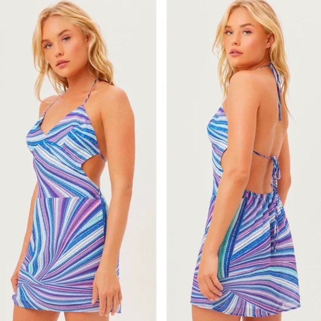 Frankie's Bikinis Debbie Sustainable Halter Dress In Shimmy Blue Sz Medium